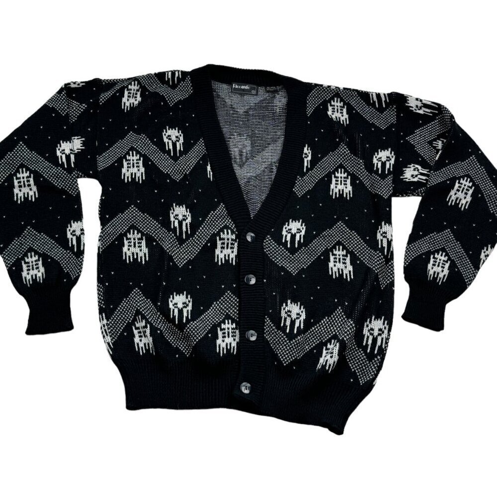 Vintage Ricardo Grandpa V-Neck Black & White Abstract Cardigan Men's Size Medium